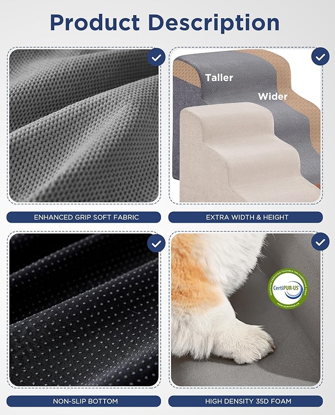 Beige Curved Dog Stairs Ramp for Small Dogs & Cats 17" H, 3-Step Dog Steps for Couch Sofa and Chair, Pet Stairs for Cats, Non-Slip Balanced Pet Steps
