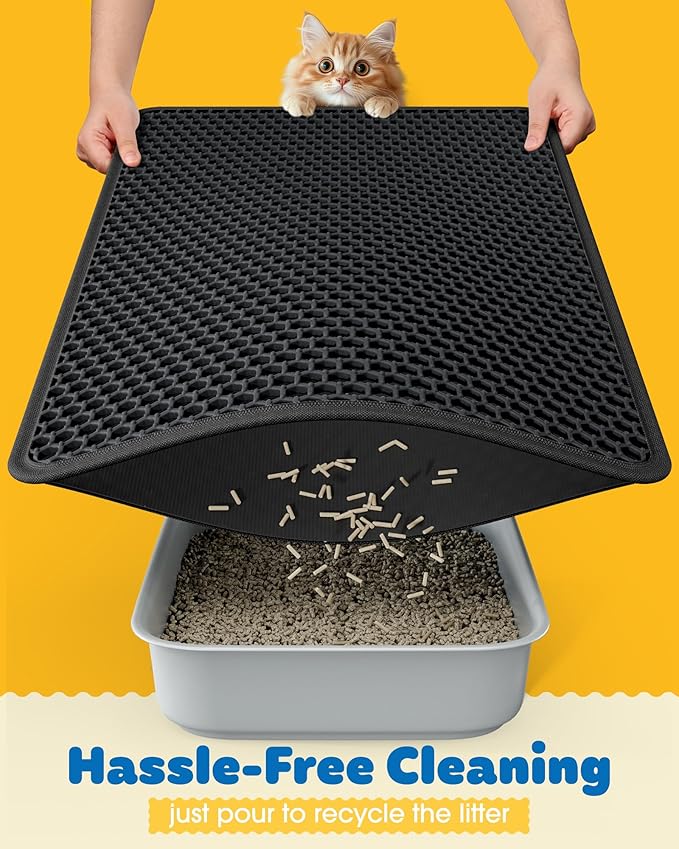 35" x 30" Cat Litter Mat - Ultra-Large Litter Box Mat with Double Layers, Urine-Proof and Non-Slip Litter Trapping Mat, Easy to Clean Kitty Litter Mats for Floor, Scatter Control, Black