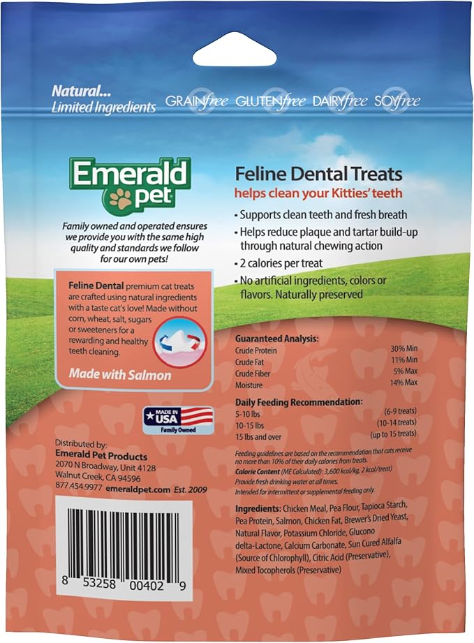 Feline Dental Treats — Tasty and Crunchy Cat Dental Treats Grain Free — Natural Dental Treats to Clean Cat Teeth, Freshen Cat Breath, and Reduce Plaque and Tartar Buildup — Salmon Treats, 3 oz