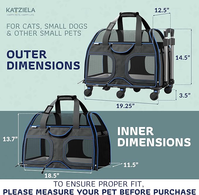 Katziela Pet Carrier - Airline Approved Dog Carrier - TSA Approved Pet Carrier for Small Dogs and Cats - Soft FAA Travel Airplane Dog Carrier Luggage (Black/Blue)