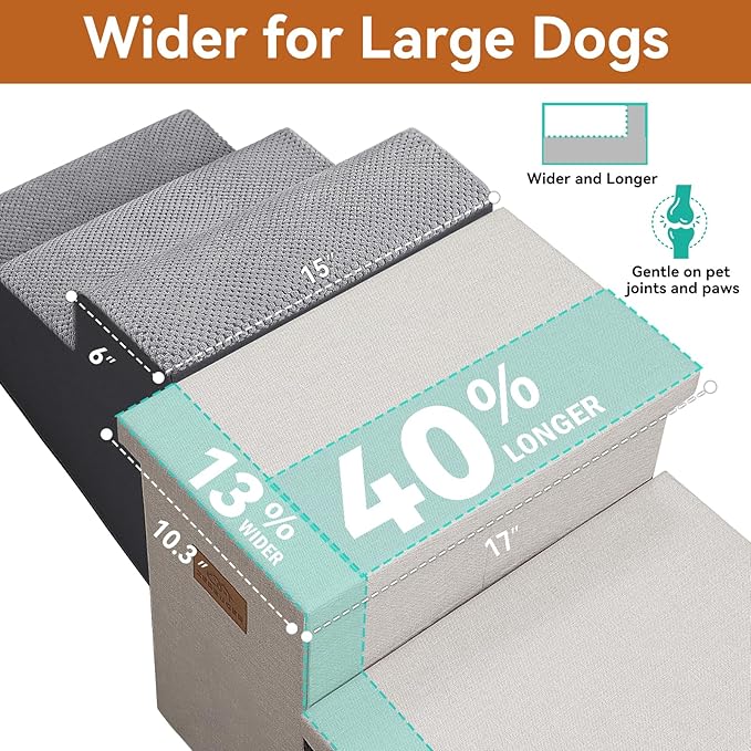 Dog Stairs with Storage 18" H, 3-Step Wider Dog Steps for Small/Medium/Large Old Dogs Cats, Folding Sturdy Pet Stairs Climbing Bed or Couch, Ramp for Car Up to 200 lbs (Beige, No Condo)