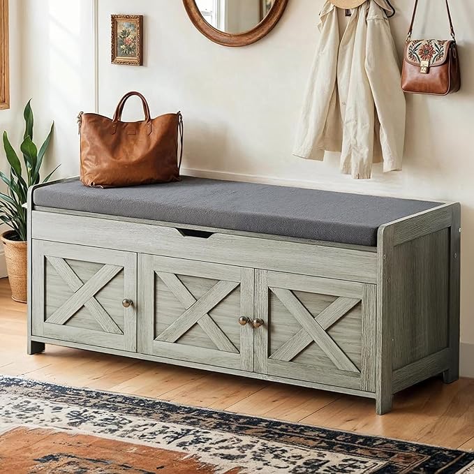 Amada Shoe Bench, Entryway Bench with Cushioned Seat & Lift Top Storage, 3 Doors, Adjustable Shelf, 300 lbs Capacity, Storage Bench with Shoe Rack for Entryway, Bedroom, Living Room, Gray