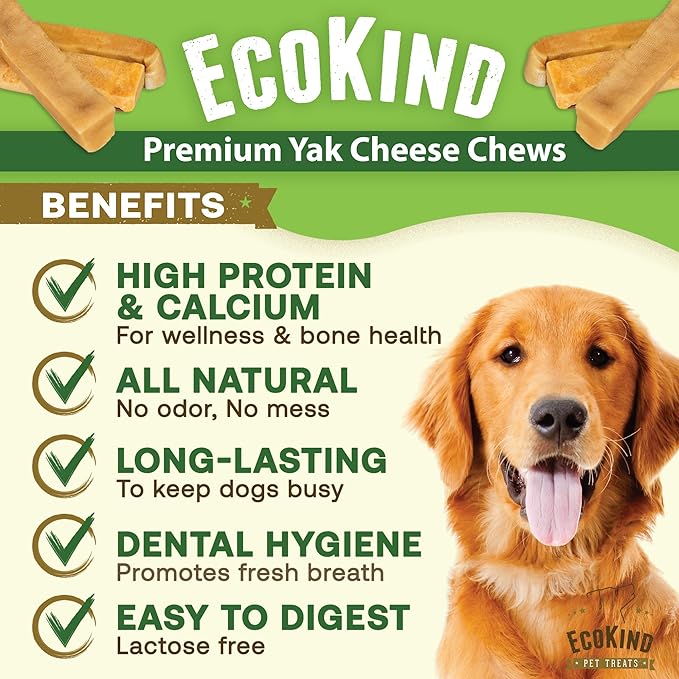 EcoKind Premium Gold Yak Cheese Himalayan Dog Chews, Dog Treats Large Breed, All Natural, High Protein, for Aggressive Chewers, Large - 10 Chews