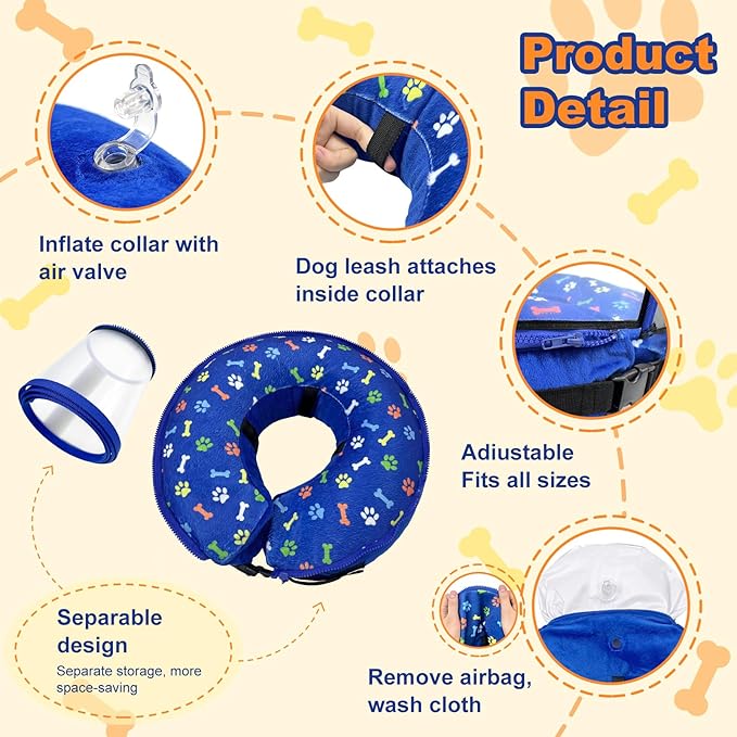 Dog Cone Collar with Enhanced Anti-Licking, Inflatable Dog Cone After Surgery, Adjustable Size with Soft Padding for Small Medium Large Dogs - Blue/S