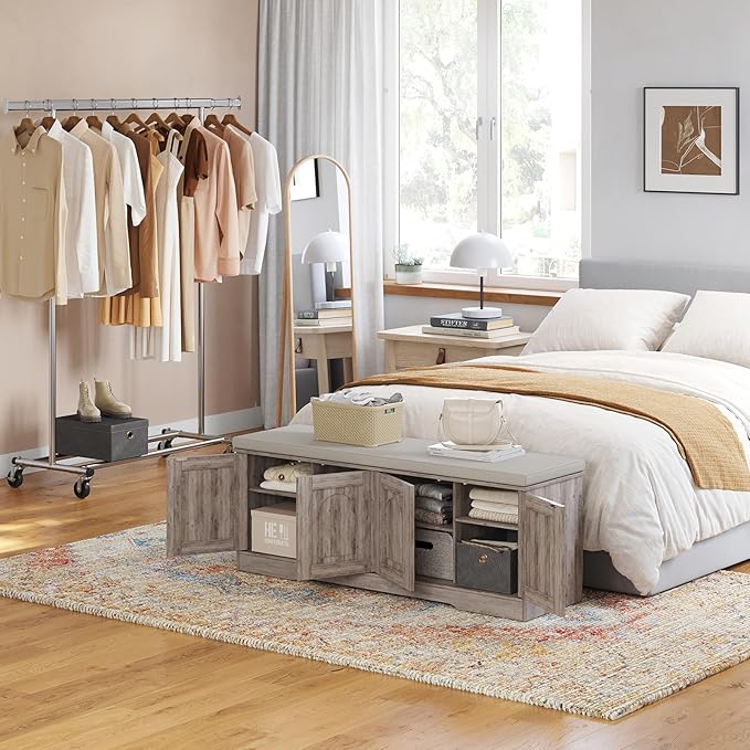 DINZI LVJ Shoe Bench, Entryway Storage Bench with Doors, Cushion, 2-Tier Shoe Rack with 8-Cubby, 47.2”L x 13.8”W Shoe Organizer Cabinet, Adjustable Shelf, Living Room, Bedroom, Greige