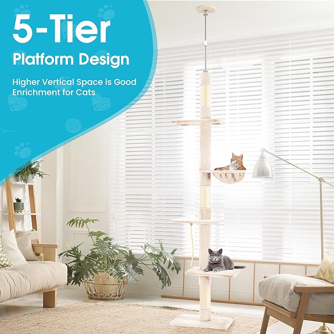 Cat Tree 5-Tier Floor to Ceiling, 89-109 Inch Adjustable Height Cat Tower with Cozy Hammock, Cat Climbing Tree for Indoor Cats, Beige