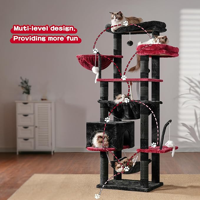 Gothic Cat Tree, Cat Tower for Large Cats with 2 Big Platforms, 2 Baskets, condo and Toys, 63" Cat Scratching Posts for Indoor Cats, Black and red GCT020BR