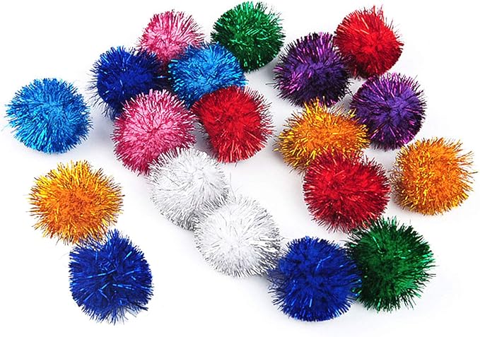 20 Pack 2 Inches Sparkle Balls for Cats, Large Size, Glitter Pom Poms Fuzzy Balls for Cats, Kitten Indoor Assorted Color Random