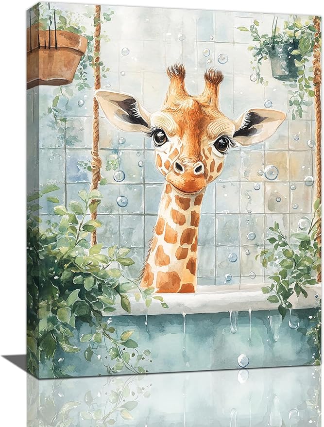 Bathroom Funny Giraffe Pictures Wall Art, Watercolor Giraffe Bathroom Wall Decor, Animal Framed Painting Canvas Artwork for Living Room Decorations 20"L x 16"W