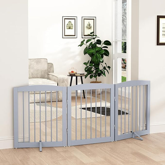 Freestanding Pet Gate for Dogs, Foldable Wooden Dog Gate for House, Indoor Dog Gate for Doorways, Stairs, Gates for Dogs Indoor, Support Feet Included, 24" Height 3 Panels, Grey