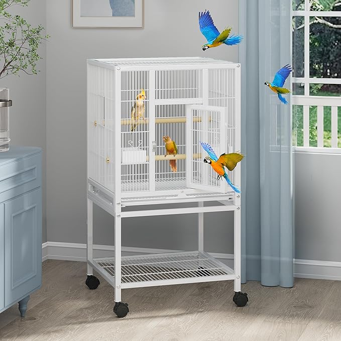 YITAHOME 41 inches Metal Bird Cage for Parakeets: Large Parrot Cages with Tray, Food Boxes, and Wooden Perches with Rolling Stand & Brakes for Lovebirds Cockatiels Pigeon Finches, White