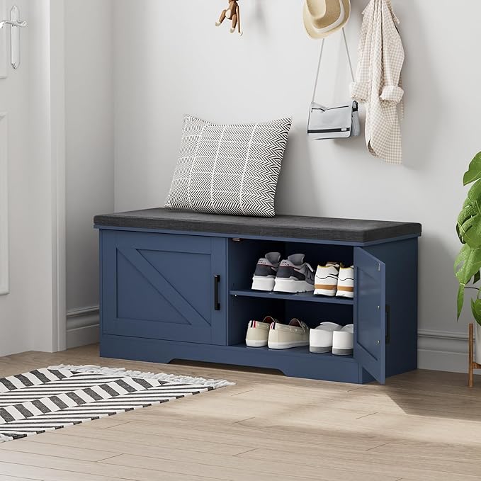 2-Tier Storage Bench, Shoe Bench with Padded Seat Cushion, Entryway Bench with 2 Barn Doors, Adjustable Shelf, 13.8" D x 39.4" W x 17.7" H, for Entryway, Living Room, Bedroom, Blue