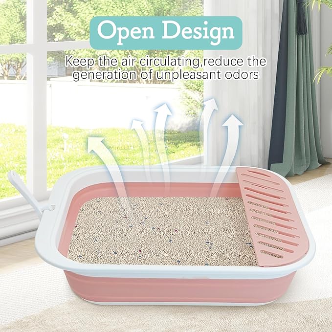 Fhiny Cat Litter Box Portable Shallow Litter Box 17.7"x13.4"x4.9" Foldable Cat Toilet with Scoop Open Kitty Potty Pan with Litter Drop Pedal Easy to Clean Travel Kitten Toilet(Pink)