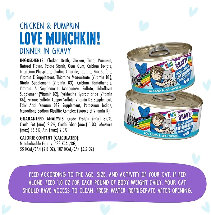 Weruva B.F.F. OMG - Best Feline Friend Oh My Gravy!, Love Munchkin! with Chicken & Pumpkin in Gravy Cat Food, 5.5oz Can (Pack of 8)