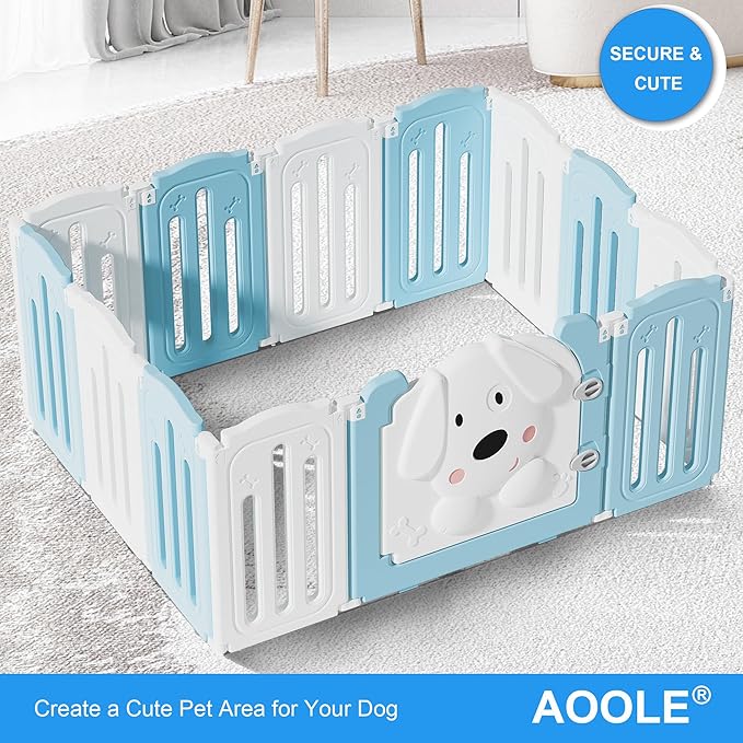 Foldable Dog Play Pen Indoors, Non-Slip Sturdy Puppy Playpen with Door, 25.5" H 12-Panel Adjustable Shape Dog Fence Pen for Small/Medium Dogs, Thickened, Easy to Store, White+Blue