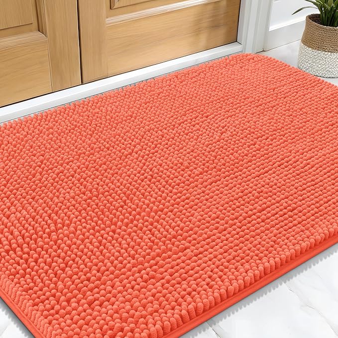 OLANLY Dog Door Mat for Muddy Paws 30x20, Absorbs Moisture and Dirt, Absorbent Non-Slip Washable Doormat, Quick Dry Chenille Mud Mat for Dogs, Entry Indoor Entryway Carpet for Inside Floor, Coral