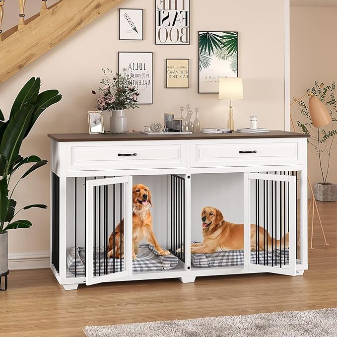 Large Dog Crate with Double Rooms, 72" Heavy Duty Wooden Dog Cage Furniture Dog Crate Kennel with Drawers & Removable Divider,Indoor Luxury Dog House for Large Dogs,White