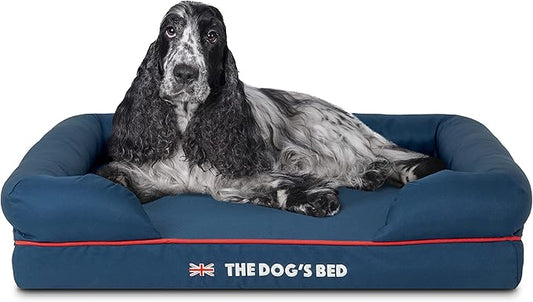 The Dog’s Bed Orthopedic Dog Bed Medium Blue Oxford with Red Trim UK Flag Dog Bed 30x23.5, Memory Foam, Pain Relief, Post Surgery, Lameness, Veterinary Approved, Waterproof Washable Cover Cover