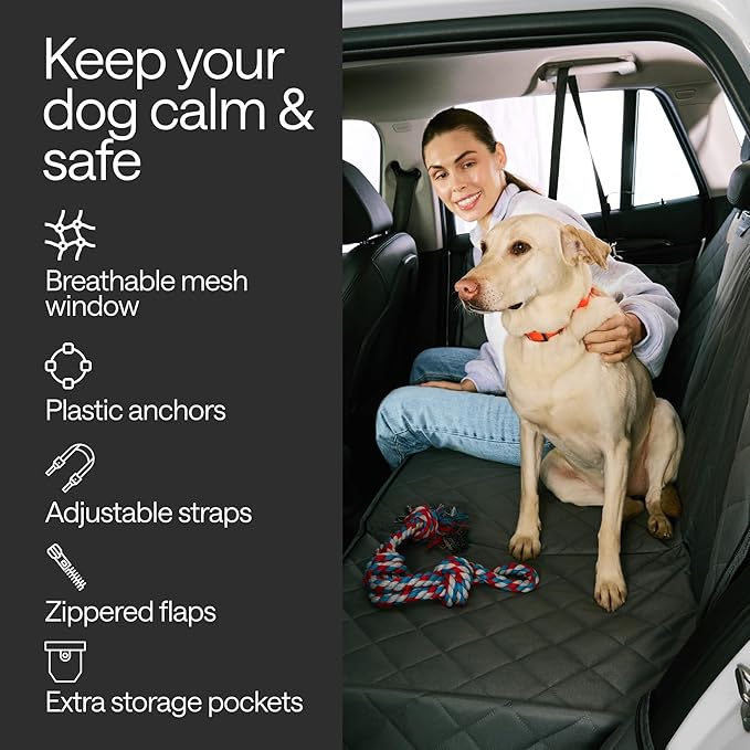 Waterproof Dog Car Seat Cover for Back Seat with Hard Bottom Inserts - Dog Hammock for Car, 600D, SUV, and Trucks - Pet Car Seat Covers - Backseat Extender for Dogs with 2 Storage Pockets, Mesh Window