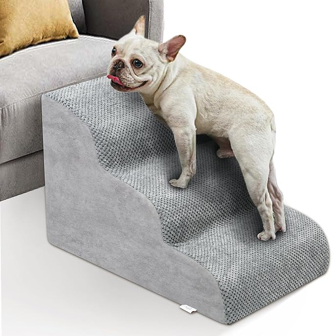 Dog Stairs for Small Dogs - High Density Foam Dog Ramp, Extra Wide Pet Steps with Non-Slip Bottom for High Beds, Couche and Sofa, Best for Dogs Injured, Older Doggy Cats (Grey, 3 Steps)