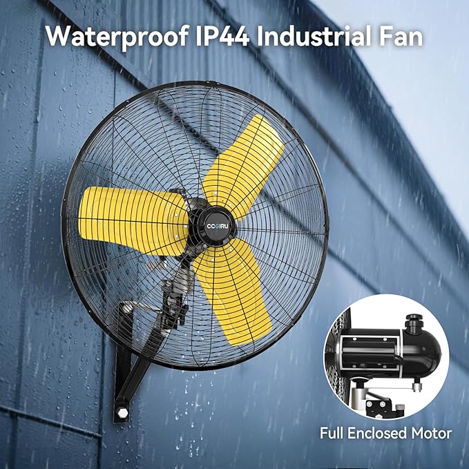 8800 CFM 24" Outdoor Commercial Wall Fan Oscillating, IP44 Waterproof Wall Mount Fan, Heavy Duty, 3 Speed, Adjustable Tilt for Factory, Warehouse, Garage, ETL Listed