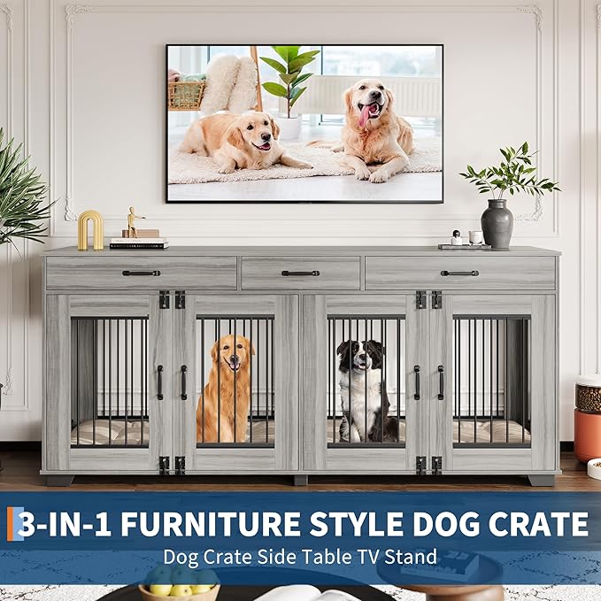 71 Inch Dog Crate Furniture for 2 Rooms, Wooden Double Crate Large Breed with Door, Dog Kennel Indoor, TV Stand End Table with Divider for Large Medium Dogs,Grey