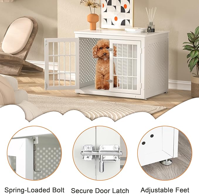 32" Heavy Duty Dog Crate Furniture for Small and Medium Dogs, Metal Kennel for High Anxiety Dogs, Chew Proof Pet Cage Indoor, Decorative Dog Kennel End Table, White