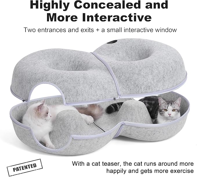 8-Shaped Large Cat Tunnel Bed for Indoor Cats, Infinite Circulation Peekaboo Cat Cave with 12 Toy Balls, Cat Donut Tunnel for Cats up to 30 Pounds (Light Grey, L 38x24x11in)