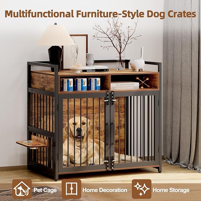 Large Dog Crate Furniture, 48 Inch Wooden Dog Crate, Heavy Duty Dogs Kennel with 2 Drawers Storage, 360° Adjustable Raised Feeder, Indoor Dogs House End Table