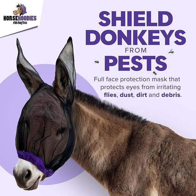 Donkey Fly Mask with Long Ears (Orange) Made in USA - Mule Fly Mask with Ears Protection from Insects and Bugs, Mini Donkey Soft Mesh Fabric with Adjustable Fastener, Face Cover Supplies for Donkeys