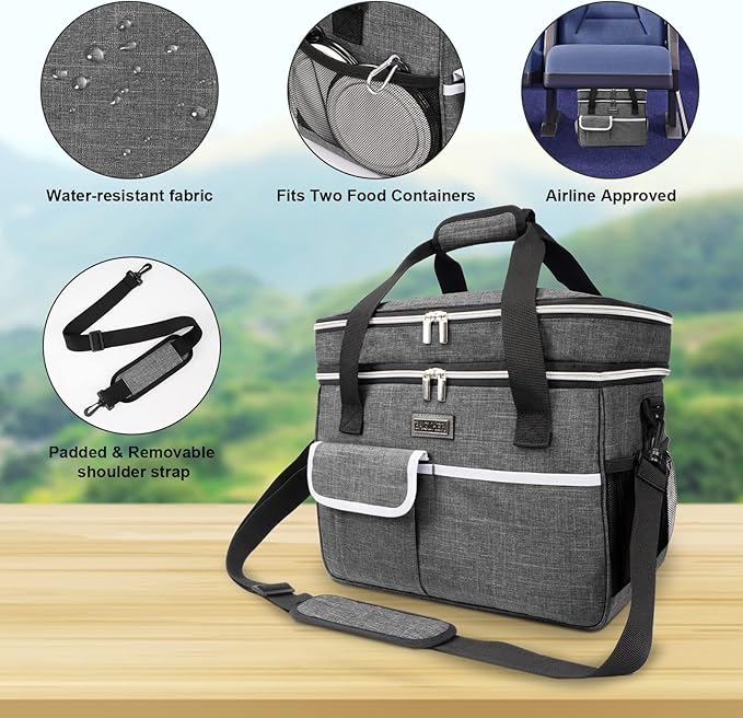 BAGLHER Dog Travel Bag for Supplies - Double-Layer Airline Approved Weekend Pet Travel Organizer Set for Dog and Cat Tote with 2 Pet Food Containers and 2 Collapsible Silicone Bowls Grey