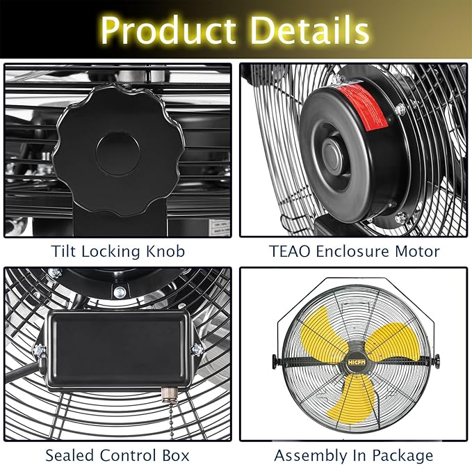 HiCFM 4600 CFM 18 inch High Velocity Wall Mounted Fan, TEAO Enclosure Motor, Safety Yellow Blade, 9 FT Cord, 180 Degree Tilting, 3 Speed Industrial Shop Fan for Patio, Garage Use - UL Listed, 2 Pack