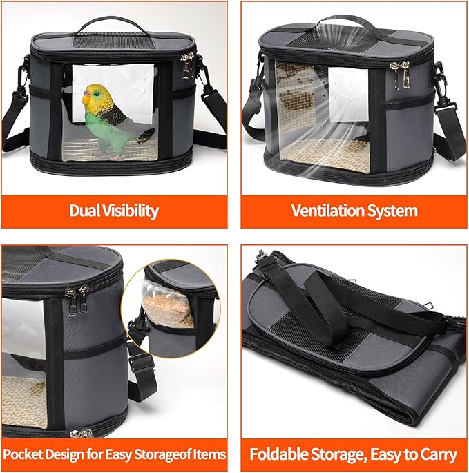 Bird Travel Carrierm, Small Bird Travel Backpack Carrier Cage with Tray and Breathable Clear Window, for Parakeet Cockatiel Budgies, for Camping Hiking (Large-Black)