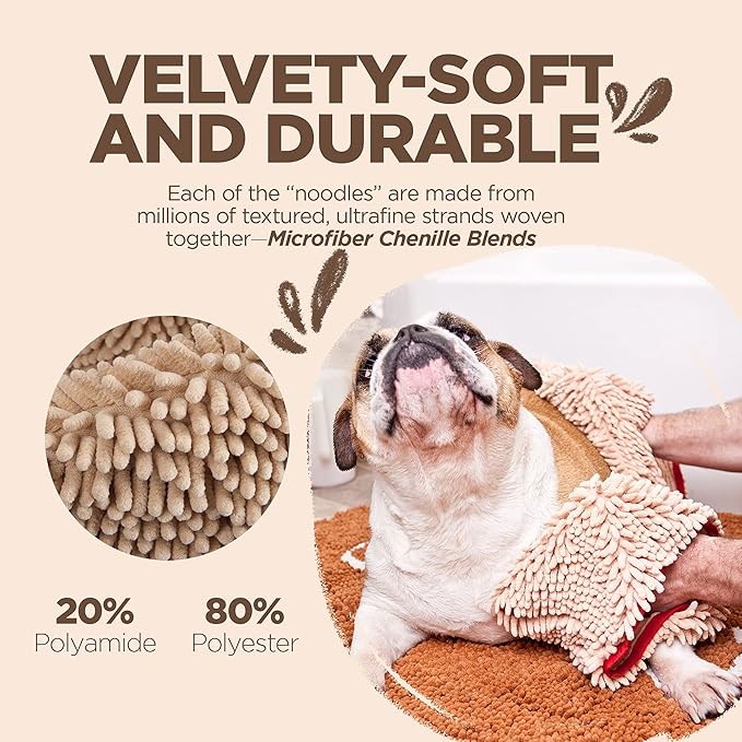 Soggy Doggy Super Shammy Dog Towel - Microfiber Chenille Towel for Drying Dogs and Cleaning Paws - Fast Drying with Hand Pockets for Ease (Beige/Red Trim, 31” x 14”)