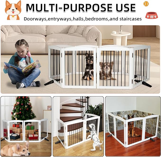 ZJSF Freestanding Panel Dog Gate for Indoor, Doorways,Stairs, or Hallways,Foldable Wooden White Dog Gates for House,Pet Gate for Dogs,Dog Fence, Puppy Gate,Support Feet Included,32 "Height-3 Panels