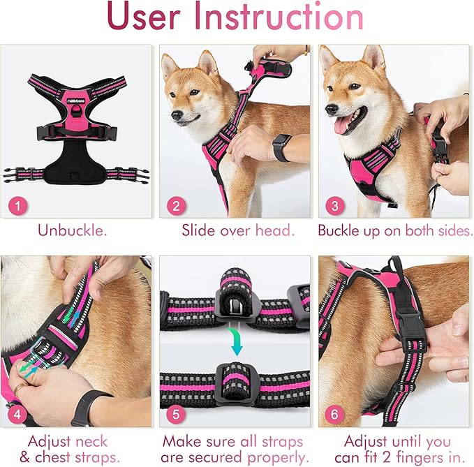 rabbitgoo Dog Harness No Pull with 2 Leash Clips, Adjustable Soft Padded, Reflective Oxford No Choke Pet Vest with Easy Control Handle for Medium Sized Dogs, Hot Pink, M