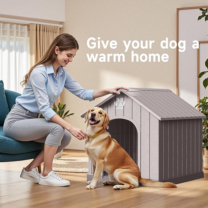 Vixzen Large Outdoor Dog House,Durable Water Resistant Resin Dog House,Doghouse for Small to Large Dogs Indoor or Outside,with Openable Windows and Elevated Floor,Gray