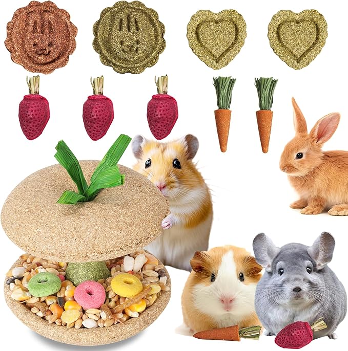 10 PCS Guinea Pig Chew Toys for Teeth, Rabbit Chew Toys Contain Natural Timothy Apple Core, Grass Cake, Carrot and Strawberry;Hamster toys for Bunny Chinchilla Gerbil Dental Care & Treat Teething