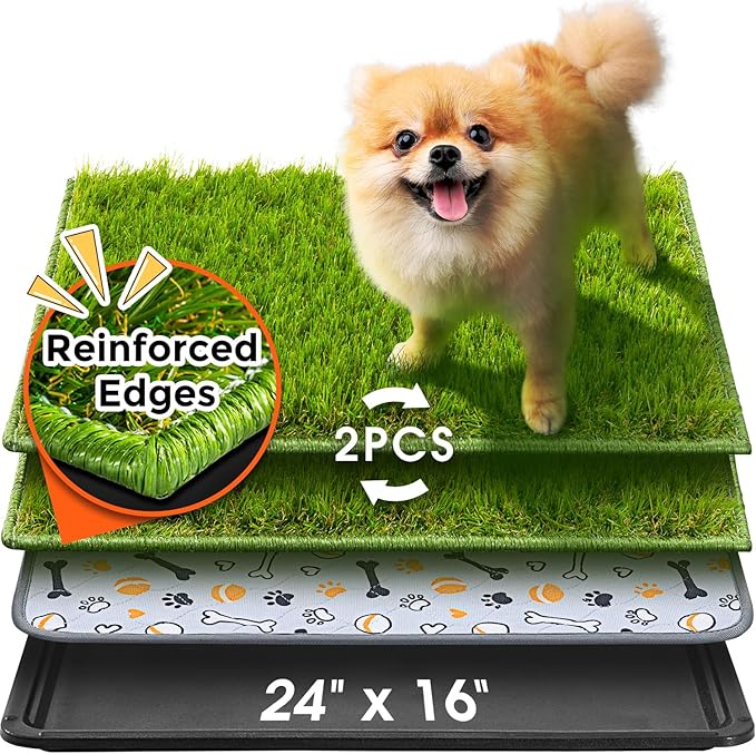 Hompet Dog Grass Pad with Tray Large, 24"x16", 2 Reusable Artificial Turf for Dogs Potty, Waterproof Non-Slip Washable Pee Pads, Quickly Absorbency Portable Dog Litter Box for Indoor/Outdoor Use