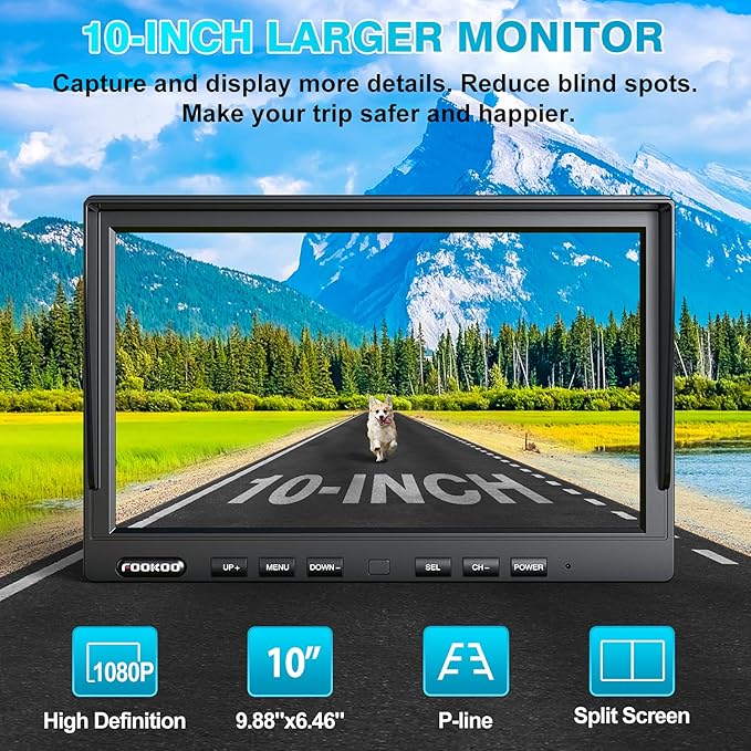 Fookoo HD 10" Wireless Backup Camera System, 1080P 10-inch Quad Split Monitor w/Recording, Waterproof Side & Rear View Cameras, 4 Channel, Digital Signal, Parking Lines for RV/Truck/Trailer