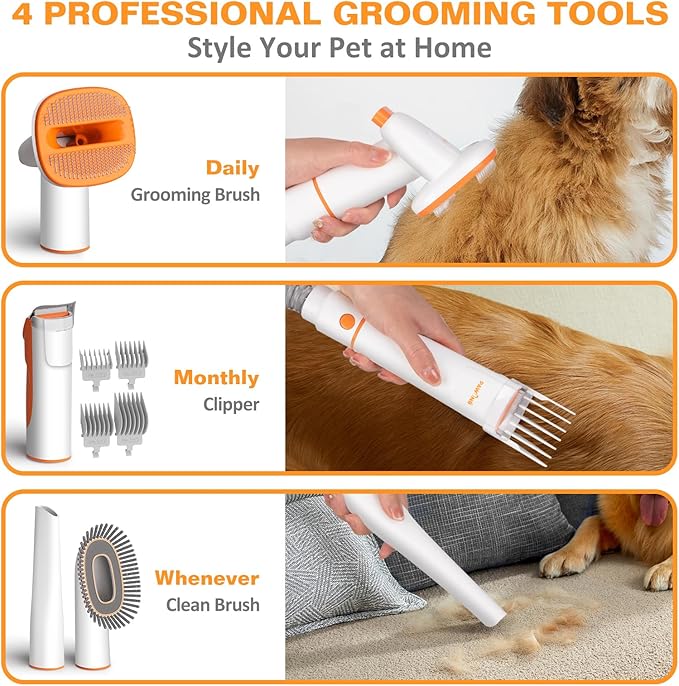 Pet Grooming Kit with Vacuum, All-in-1 Professional Deshedding Tools for Dogs & Cats - Low Noise Dogs Vacuum Cleaner with 2L Large Capacity Dust Cup for Shedding Pet Hair