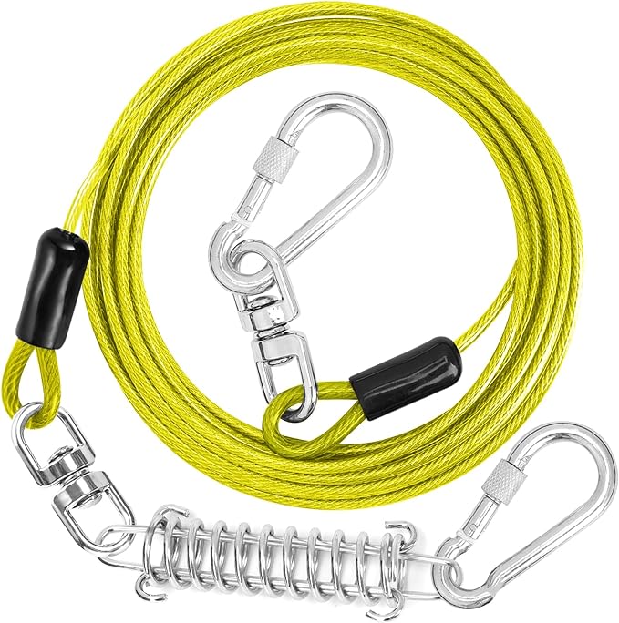 Jenico Dog Tie Out Cable - 10/15/20/30/40/50/70/100/150FT Runner Cable with Swivel Hook and Shock Spring, Outdoor and Camping Dog Leash Run Tether for Small to Medium Pets Up to 500 LBS