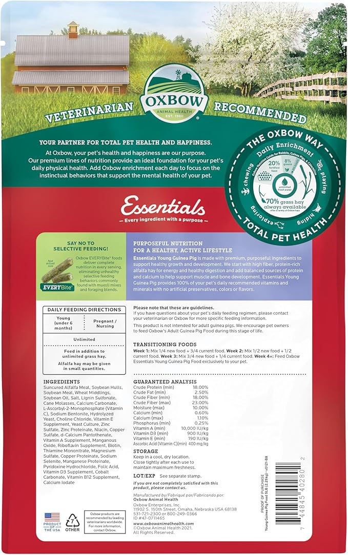 Oxbow Essentials Guinea Pig Food, Young Guinea Pig, Made Alfalfa Hay, Pet Food Pellets with Vitamin C, Small Animal Pet Products, Made in USA, High Fiber, 5 lb. Bag