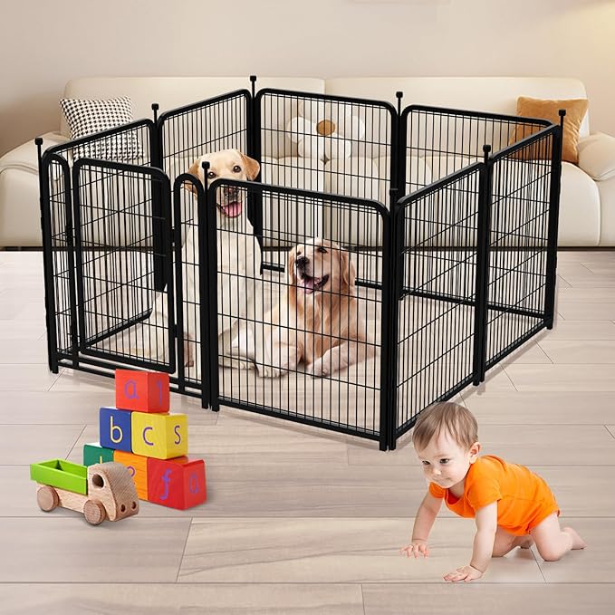 Dog Playpen 24 inch(H) 8 Panels Dog Fence Outdoor for Yard. Wide Door Low Threshold，Metal Dog Pen Heavy Duty Pet Puppy Exercise Pen for Rv Camping Garden Yard, Total 15.7 Ft(L)