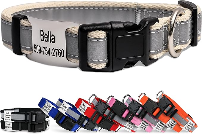 GoTags Reflective Personalized Dog Collar with Nameplate, Adjustable Dog Collar with Custom Engraved Steel Slide On Pet ID Tag, Silent, No Noise Dog Tag for Large Medium or Small (Beige, Small)