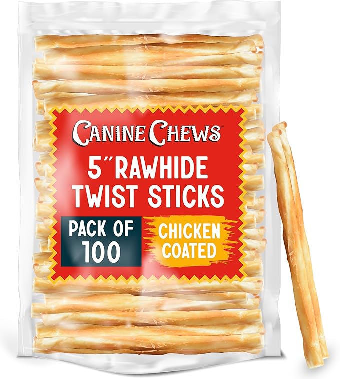 Canine Chews 5" Chicken Coated Sticks - Pack of 100 Chicken Wrapped Rawhide Dog Treats - 100% Real USA-Sourced Chicken Coating - Protein-Dense Chicken Wrapped Dog Treats Rawhide Chews