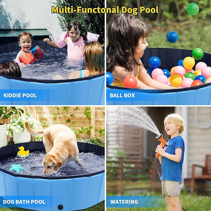 Foldable Dog Pool, 47" x 12" Kiddie Pool with Hard Plastic, Non-Slip Dog Bath Tub for Outdoor Backyard, Collapsible Dog Swimming Pool for Kids Dogs Pets (Blue)