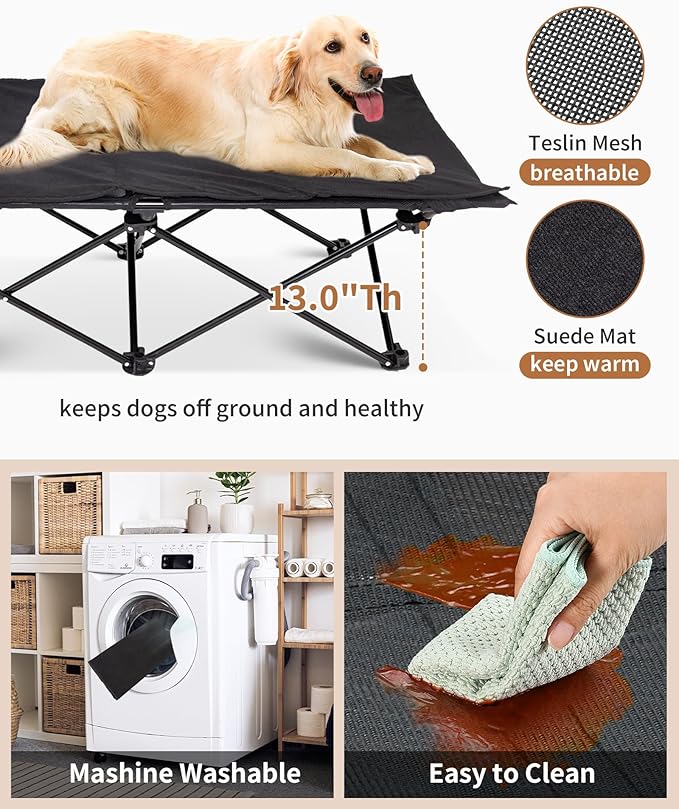 KingCamp Elevated Dog Bed for Large Dogs, Outdoor Raised Cooling Pet Cot Bed with Washable Breathable Mesh & No-Slip Feet Perfect for Camping, Backyard, Indoor Use (Large, Black)