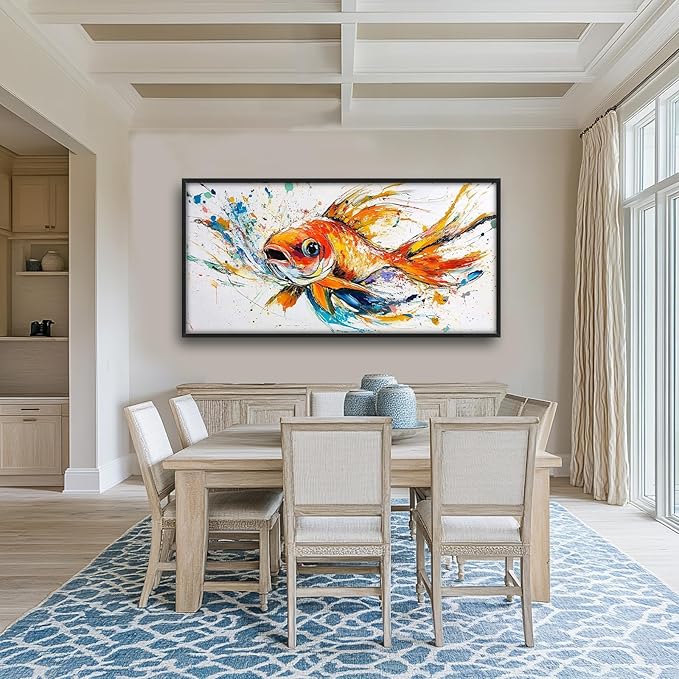Framed Large Fish Wall Art for Living Room, Oversized Graffiti Goldfish Wall Decor Watercolor Fishing Canvas Painting Modern Artwork Home Decoration for Living Room Bedroom Office 60"x30"