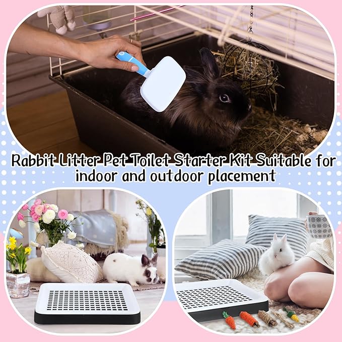 19 Pcs Rabbit Starter Kit Small Bunny Litter Box Rabbit Grooming Kit Water Bottle Bunny Toys Hay Feeder Bowl Blankets with Cleaning Set for Guinea Pig Accessories(Black,Cloud)